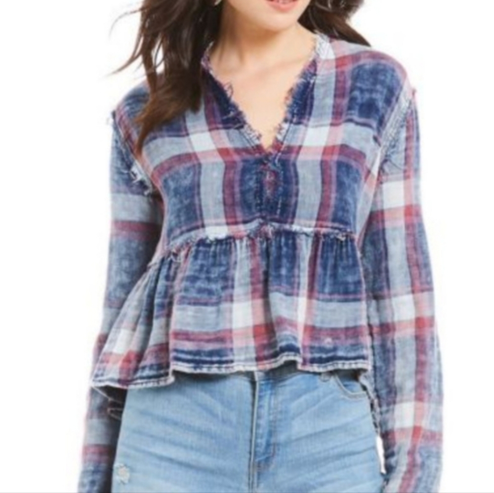 Gianni Bini Babydoll Cropped Plaid Blouse Small